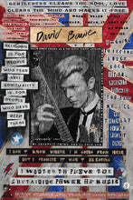 A painting featuring a black-and-white portrait of David Bowie in the center, surrounded by layered text blocks, stars, stripes, and red, white, and blue graphic elements.  