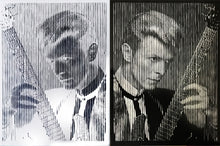 A black and white artistic portrait print featuring a stylized, vertically striped depiction of David Bowie in a suit holding a guitar, shown in two tonal variations side by side.