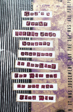 A close-up of a textured printed surface with multiple white rectangular strips containing stylized burgundy text arranged vertically. The background has a distressed mix of black-and-white vertical stripes on the left, warm beige/tan on the right, and purple marbling, with vertical black text along the right edge reading, GOD'S A LITTLE DUDE, BECAUSE EVERYONE IS LOOKING FOR HM AND NOBODY CAN FUND HIM.