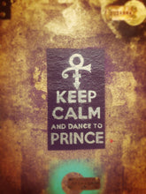 A square dark purple sticker featuring the white Prince logo and the text 'KEEP CALM AND DANCE TO PRINCE' on a distressed, vintage-style brown and gold background.