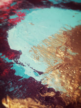 Abstract textured painting with a large light aqua shape, a metallic gold brushed area, and dark burgundy sections with red highlights.