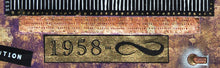 A close-up decorative graphic featuring a copper-toned engraved plaque with quotes from legedary musicians, a central gold plaque reading “1958  with a black infinity symbol", and a textured purple-brown background.