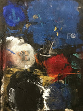 Abstract mixed media artwork featuring expressive brushstrokes and splatters in deep blue, black, white, red, and gold tones.