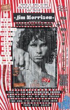 A graphic art print featuring Jim Morrison's face stylized with black and white vertical stripes, surrounded by red and white censored censorship bars, text references to 'The End', and psychedelic design elements.