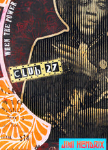 A square graphic detaied featuring a stylized collage design with a black-and-gold striped portrait, a partial orange slice illustration in the lower left, a gold sign reading 'CLUB 27', and a bright blue box with the text 'JIMI HENDRIX'.