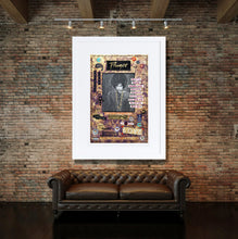 A framed Prince print  hanging on a rustic brick wall above a brown leather Chesterfield sofa. The poster features a black and white portrait of Prince surrounded by colorful graphic elements,  and text, all enclosed in a wide white frame.