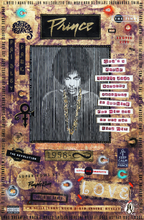 The album cover art for Prince's 'The Truth About Love' is shown as the product itself, filling the entire frame. The design features a highly textured, vintage, grunge-style aesthetic with a central black-and-white striped graphic of a figure surrounded by various retro elements, text, and symbols in a warm gold and purple color palette.